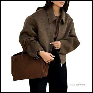 Cropped Wool Bomber Jacket with Fleece Lining and Pockets